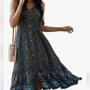 TEMOFON Women Dress Summer Sleeveless Floral Bohemian mock Button Down Flowy